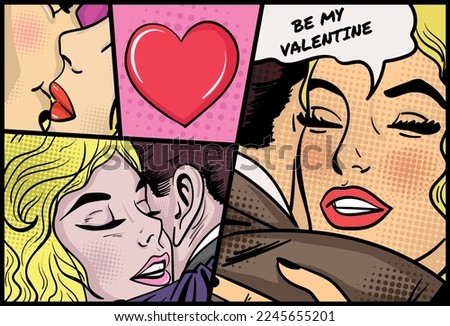Pop art retro style comics with a couple and heart. Romantic vector illustration.