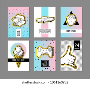 Pop Art Retro Style Posters Set. Trendy Fashion Banners with Badges and Patches for Placards, Covers Design, Invitations, Advertising. Vector illustration