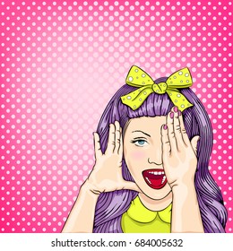 Pop art retro style. Surprised girl with open mouth. Comic woman. Advertising poster.  Romantic girl hiding her face. 