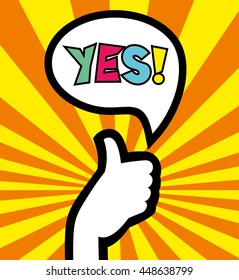 Pop art retro style woman showing thumb up hand sign with speech bubble. Comic hand drawn design vector illustration.

