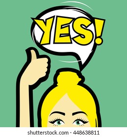 Pop art retro style woman showing thumb up hand sign with speech bubble. Comic hand drawn design vector illustration.

