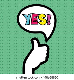 Pop art retro style woman showing thumb up hand sign with speech bubble. Comic hand drawn design vector illustration.

