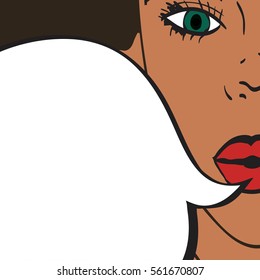 Pop art retro style woman showing with speech bubble. Comic hand drawn design illustration.