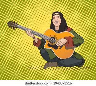 Pop art retro style. A young smiling hippie girl in a green jacket, blue pants, with a ribbon on her head, a bracelet on her arm, sits and plays the guitar.Vector illustration, yellow background.EPS 10