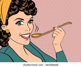 pop art retro woman with apron tasting her food. vector illustration