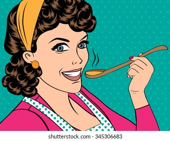 pop art retro woman with apron tasting her food. vector illustration