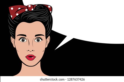 Pop art retro woman close up. Empty speech bubble for text. Vector illustration