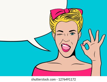 Pop art retro woman show gesture Ok and wink. Blank speech bubble. Vector illustration in comics style