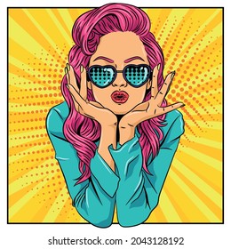 Pop art retro woman throwing a kiss on a comic page