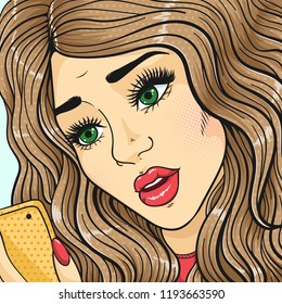 Pop art retro worried woman watching on the smartphone, comic book vector illustration of sad woman