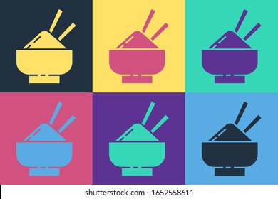 Pop art Rice in a bowl with chopstick icon isolated on color background. Traditional Asian food.  Vector Illustration