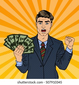 Pop Art Rich Businessman Holding Money Dollar Banknotes. Vector Retro illustration