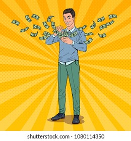 Pop Art Rich Man Throwing Dollar Banknotes. Successful Businessman with Money. Vector illustration