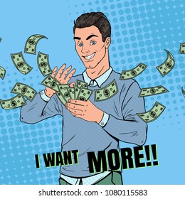 Pop Art Rich Man Throwing Dollar Banknotes. Successful Businessman With Money. Vector Illustration