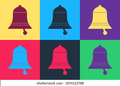 Pop Art Ringing Bell Symbol einzeln auf Farbhintergrund. Alarmsymbol, Dienstglocke, Handzeichen, Benachrichtigungssymbol. Vektorgrafik.