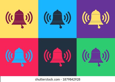 Pop art Ringing bell icon isolated on color background. Alarm symbol, service bell, handbell sign, notification symbol. Vector.