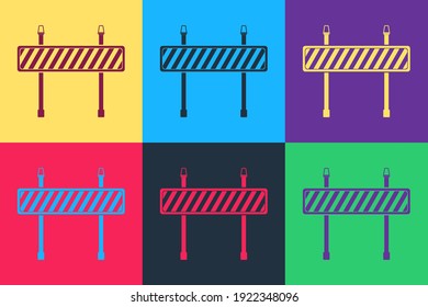Pop art Road barrier icon isolated on color background. Fence of building or repair works. Hurdle icon. Vector.
