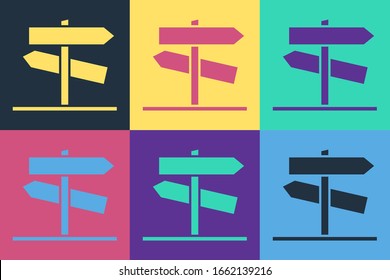 Pop art Road traffic sign. Signpost icon isolated on color background. Pointer symbol. Street information sign. Direction sign.  Vector Illustration