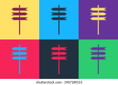 Pop art Road traffic sign. Signpost icon isolated on color background. Pointer symbol. Isolated street information sign. Direction sign. Vector.