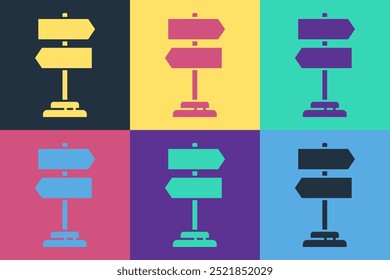 Pop art Sinal de trânsito rodoviário. Ícone de placa isolada no plano de fundo colorido. Símbolo de ponteiro. Sinal de informação isolado da rua. Sinal de direção.  Ilustração de vetor