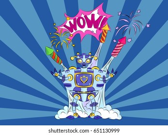 Pop art robot among the fireworks on a blue background scream wow