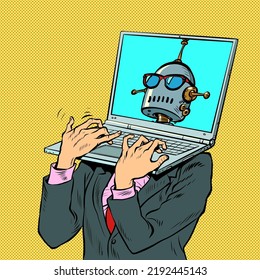 Pop art robots laptop laptop instead of a head. Electronic device laptop computer. Office work retro vector illustration 50s 60s style kitsch vintage