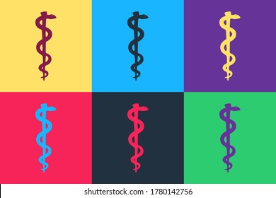 Pop art Rod of asclepius snake coiled up silhouette icon isolated on color background. Emblem for drugstore or medicine, pharmacy snake symbol.  Vector