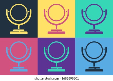 Pop art Round makeup mirror icon isolated on color background.  Vector Illustration