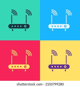 Pop art Router and wi-fi signal symbol icon isolated on color background. Wireless ethernet modem router. Computer technology internet.  Vector Illustration