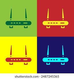 Pop art Router and wi-fi signal icon isolated on color background. Wireless ethernet modem router. Computer technology internet.  Vector