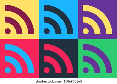 Pop art RSS icon isolated on color background. Radio signal. RSS feed symbol. Vector.