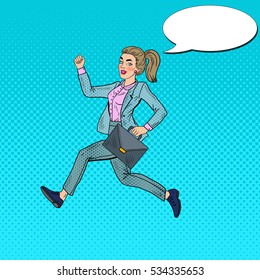 Pop Art Running Business Woman with Briefcase. Vector illustration