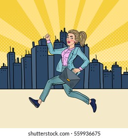 Pop Art Running Business Woman with Briefcase. Vector illustration