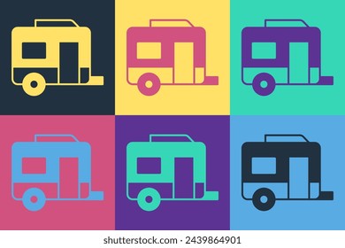 Pop art Rv Camping trailer icon isolated on color background. Travel mobile home, caravan, home camper for travel.  Vector