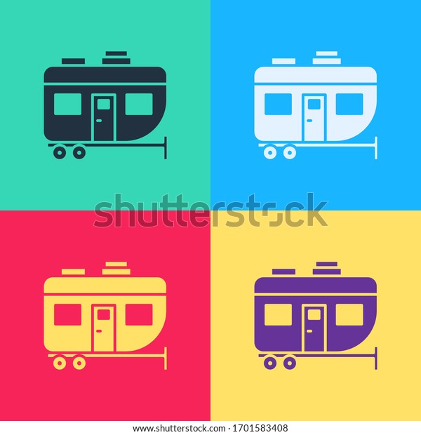 Pop art Rv Camping trailer icon isolated on\
color background. Travel mobile home, caravan, home camper for\
travel.  Vector\
Illustration