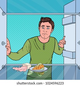 Pop Art Sad Hungry Man Looking in Empty Fridge. Vector illustration