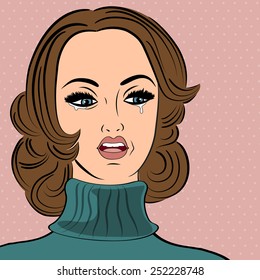 pop art sad retro woman in comics style with message, vector illustration