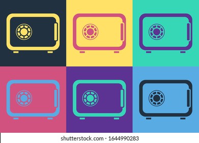 Pop art Safe icon isolated on color background. The door safe a bank vault with a combination lock. Reliable Data Protection.  Vector Illustration