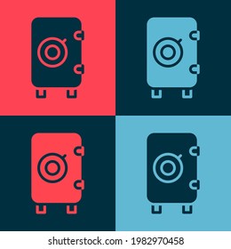 Icono de Pop art Safe aislado en el fondo del color. La puerta protege una bóveda de banco con una cerradura combinada. Protección de datos fiable.  Vector