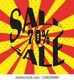 Pop art sale, 70%, trade and discounts, vector