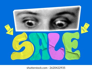 Pop art sale banner. Modern collage with halftone eyes looking at the word sale. Elements of newspaper and pasted paper. Online shopping concept. Lettering of word SALE. Banner to attract attention