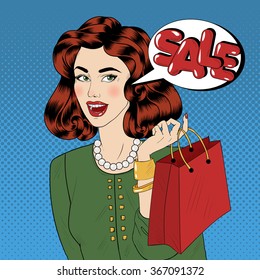 Pop art Sale banner. Vintage Girl with Shopping Bags in Comics Style. Vector illustration