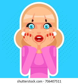 Pop Art Sale Cute Surprised Female Girl Woman Hand Palm Face Cartoon Character Flat Isolated Design Vector Illustration