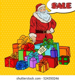 Pop Art Santa Claus with Christmas Gifts on Sale. Vector illustration