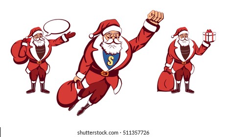 Pop art santa. Santa Claus as superhero flying with red bag with speech bubble and with gift box in the hand.