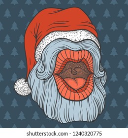 Pop art Santa's mouth saying ho ho ho  in the Christmas red hat with pine pattern