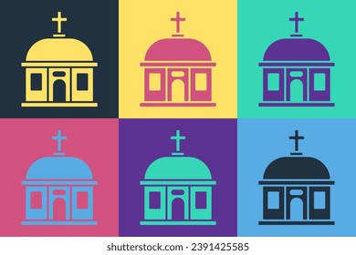Pop art Santorini building icon isolated on color background. Traditional Greek white houses with blue roofs European culture.  Vector