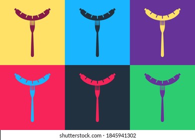 Pop art Sausage on the fork with steam icon isolated on color background. Grilled sausage and aroma sign. Vector.