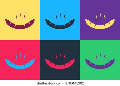 Pop art Sausage with steam icon isolated on color background. Grilled sausage and aroma sign.  Vector