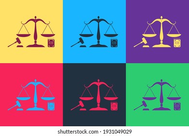 Pop art Scales of justice, gavel and book icon isolated on color background. Symbol of law and justice. Concept law. Legal law and auction symbol.  Vector